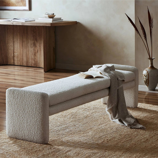 Serena Accent Bench by Four Hands in durham cream. Made from 61% polyester, 39% wool, poplar plywood, 100% polyester in a modern style.