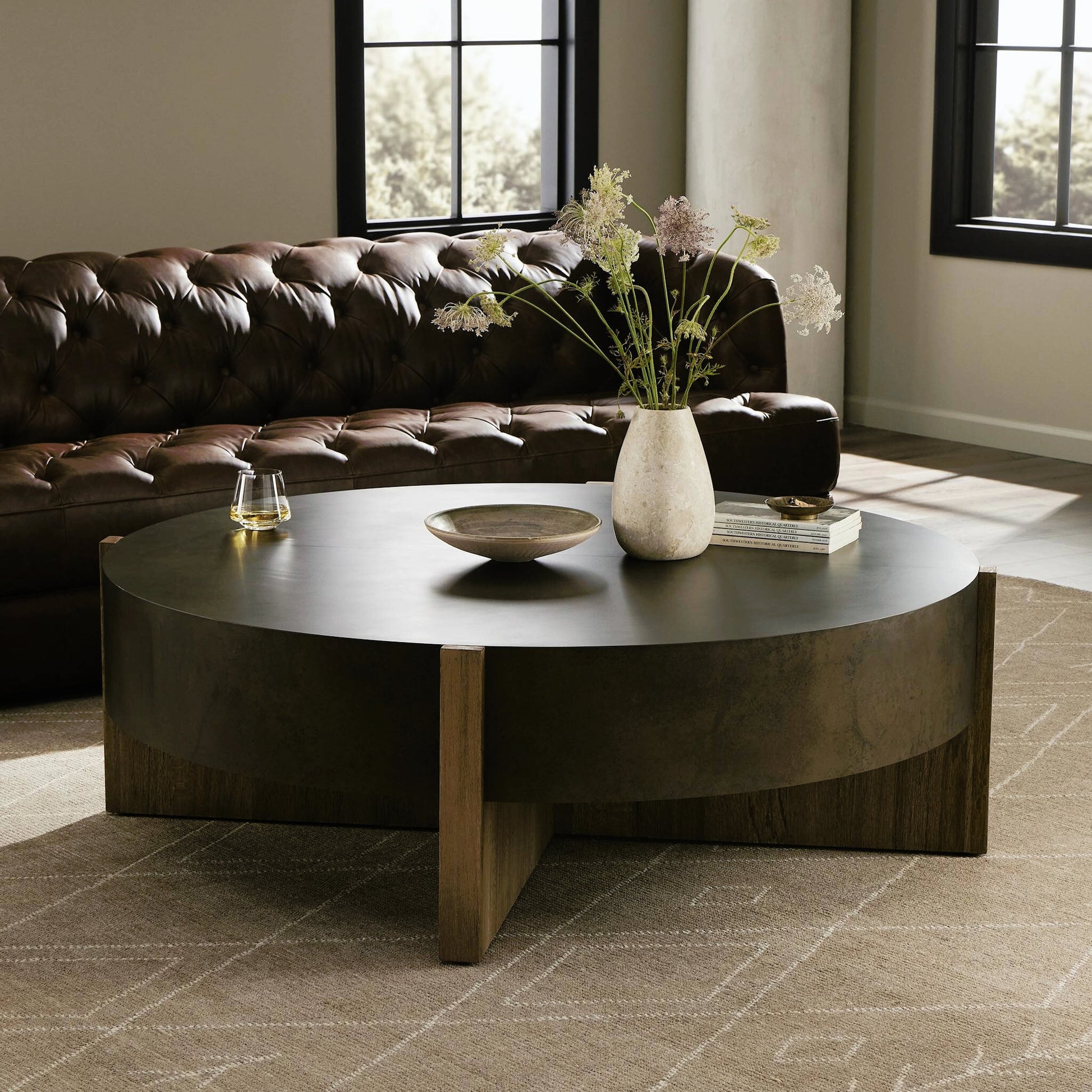 Bingham Large Coffee Table by Four Hands in distressed iron, rustic oak. Made from iron, thick oak veneer, engineered hardwood in a modern style.