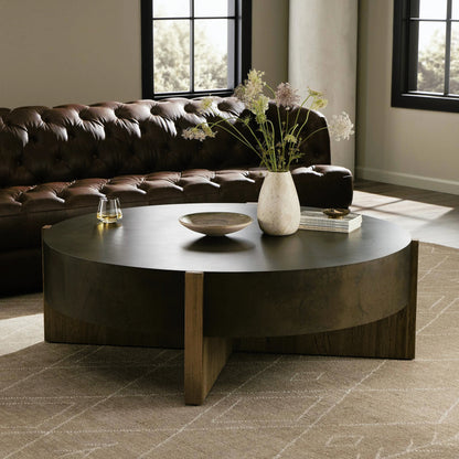 Bingham Large Coffee Table by Four Hands in distressed iron, rustic oak. Made from iron, thick oak veneer, engineered hardwood in a modern style.