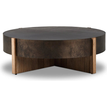 Bingham Large Coffee Table by Four Hands in distressed iron, rustic oak. Made from iron, thick oak veneer, engineered hardwood in a modern style.