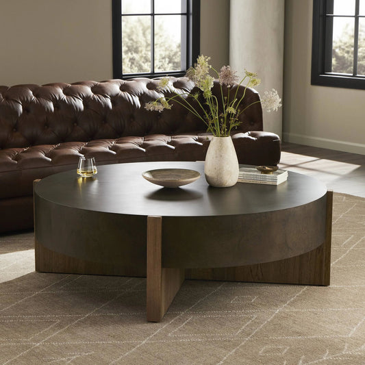 Bingham Large Coffee Table by Four Hands in distressed iron, rustic oak. Made from iron, thick oak veneer, engineered hardwood in a modern style.