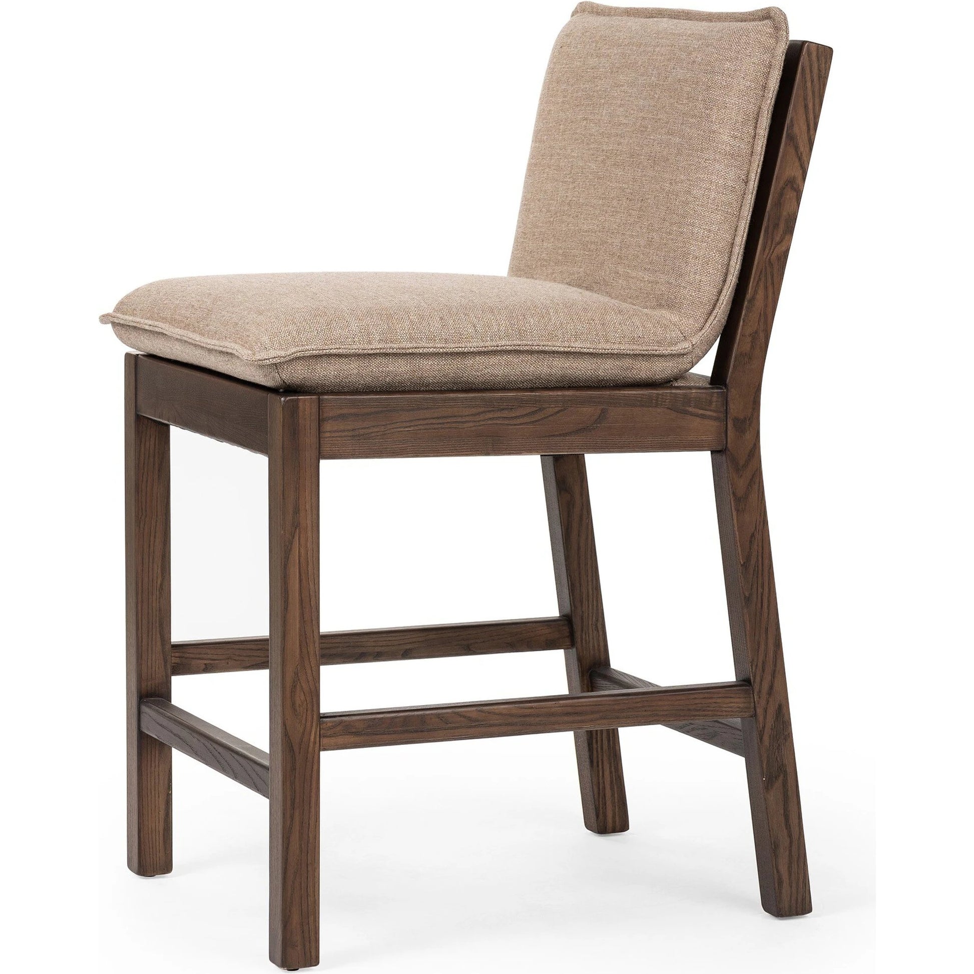 Wilmington Counter Stool by Four Hands in alcala fawn and almond nettlewood, sonoma coco. Made from 70% polyester, 20% viscose (rayon), 10% flax, linen, solid nettlewood, top grain leather in a modern style.