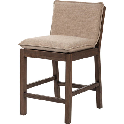 Wilmington Counter Stool by Four Hands in alcala fawn and almond nettlewood, sonoma coco. Made from 70% polyester, 20% viscose (rayon), 10% flax, linen, solid nettlewood, top grain leather in a modern style.