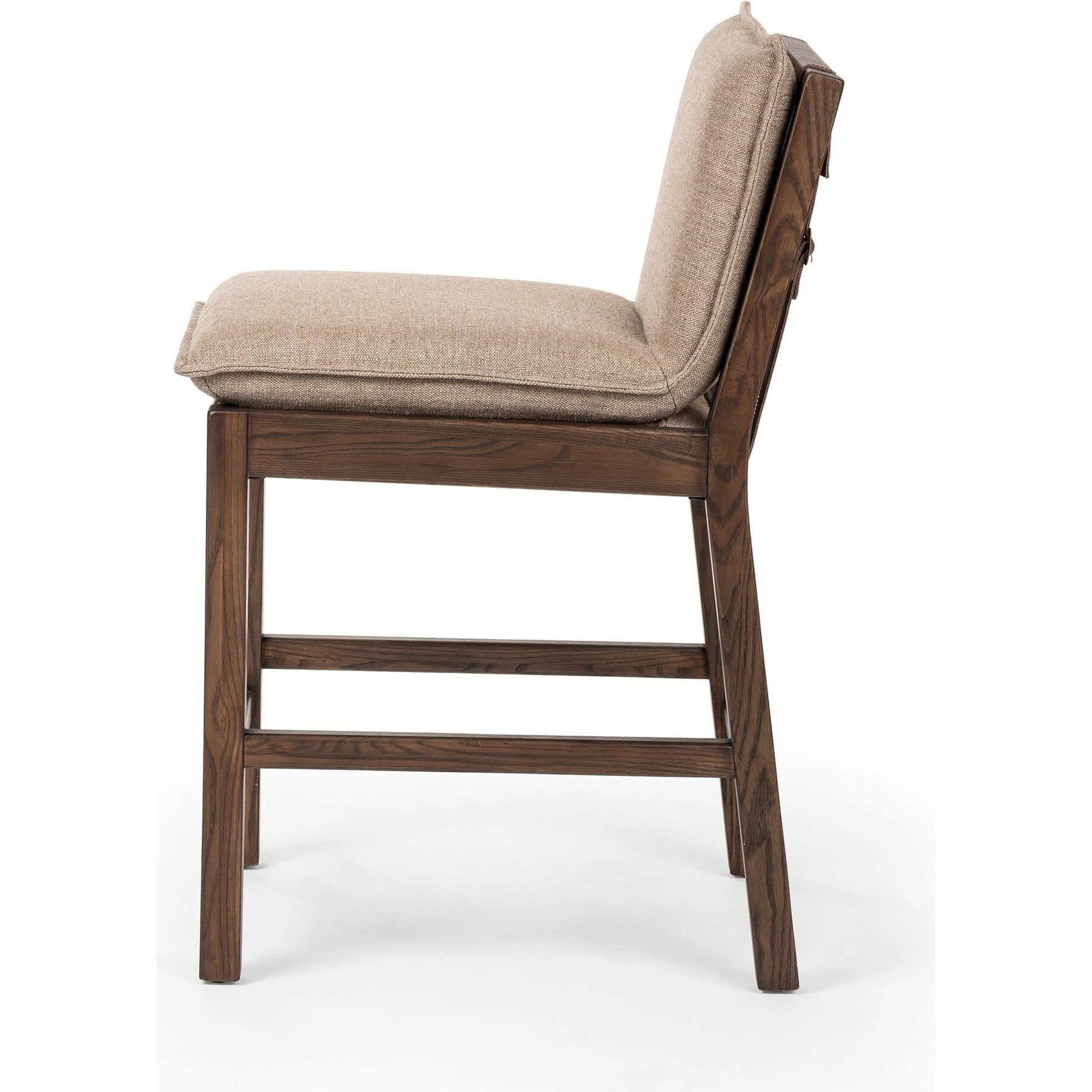 Wilmington Counter Stool by Four Hands in alcala fawn and almond nettlewood, sonoma coco. Made from 70% polyester, 20% viscose (rayon), 10% flax, linen, solid nettlewood, top grain leather in a modern style.