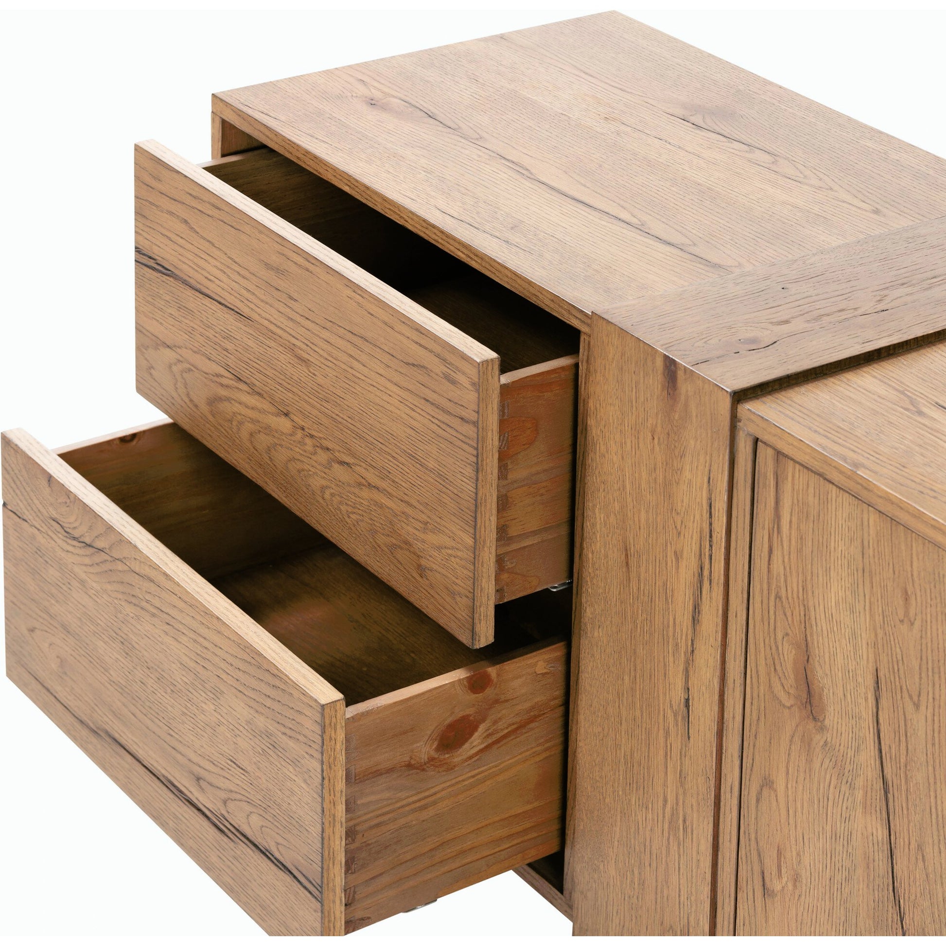 Fisher Media Console by Four Hands. Made from thick oak veneer in a modern style.