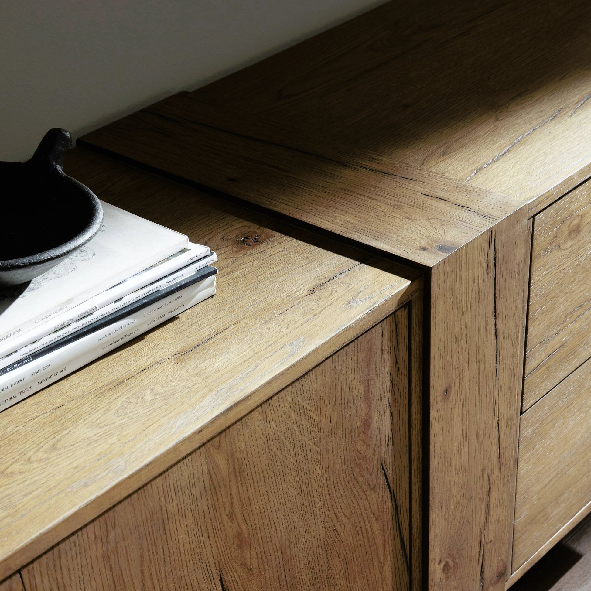 Fisher Media Console by Four Hands. Made from thick oak veneer in a modern style.