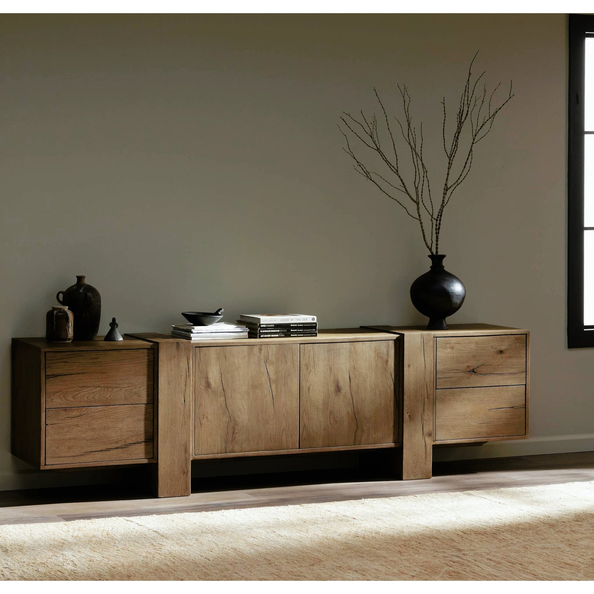 Fisher Media Console by Four Hands. Made from thick oak veneer in a modern style.