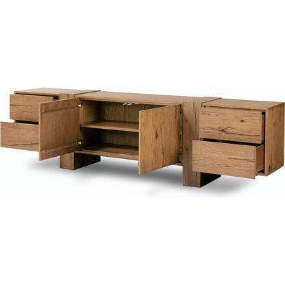 Fisher Media Console by Four Hands. Made from thick oak veneer in a modern style.