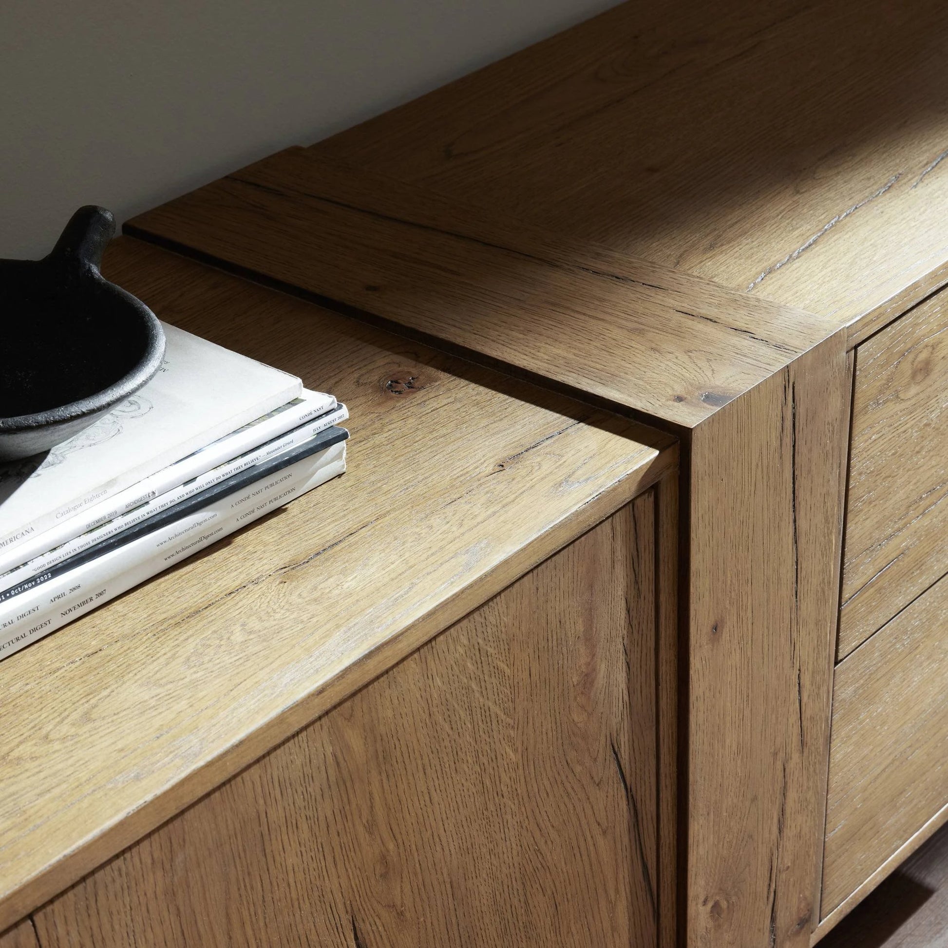 Fisher Media Console by Four Hands. Made from thick oak veneer in a modern style.