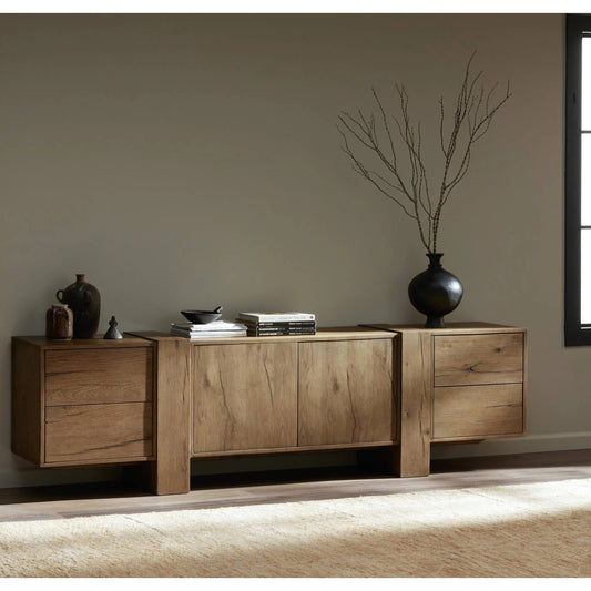 Fisher Media Console by Four Hands. Made from thick oak veneer in a modern style.