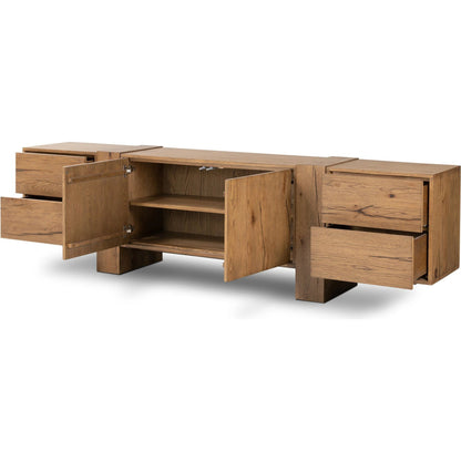 Fisher Media Console by Four Hands. Made from thick oak veneer in a modern style.