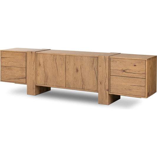 Fisher Media Console by Four Hands. Made from thick oak veneer in a modern style.