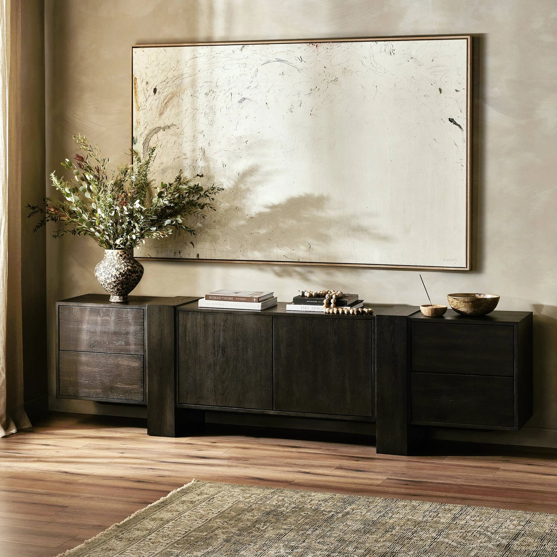 Fisher Media Console by Four Hands. Made from thick oak veneer in a modern style.