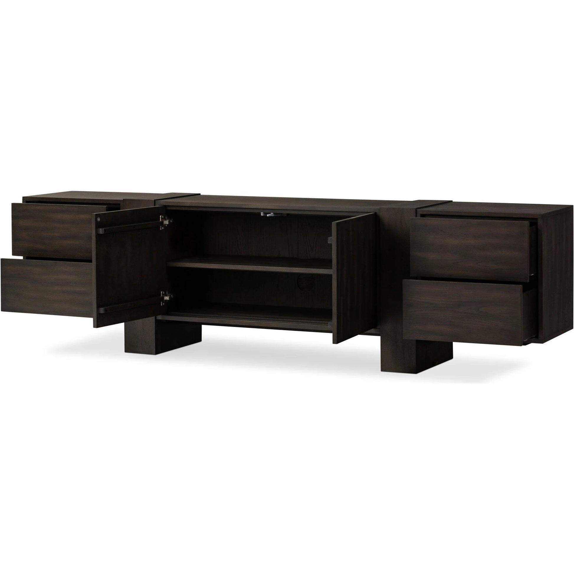 Fisher Media Console by Four Hands. Made from thick oak veneer in a modern style.