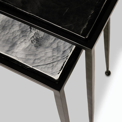 Dalston Cast Glass Nesting Tables by Four Hands in smoked black cast glass, iron matte black. Made from cast glass, iron in a modern style.