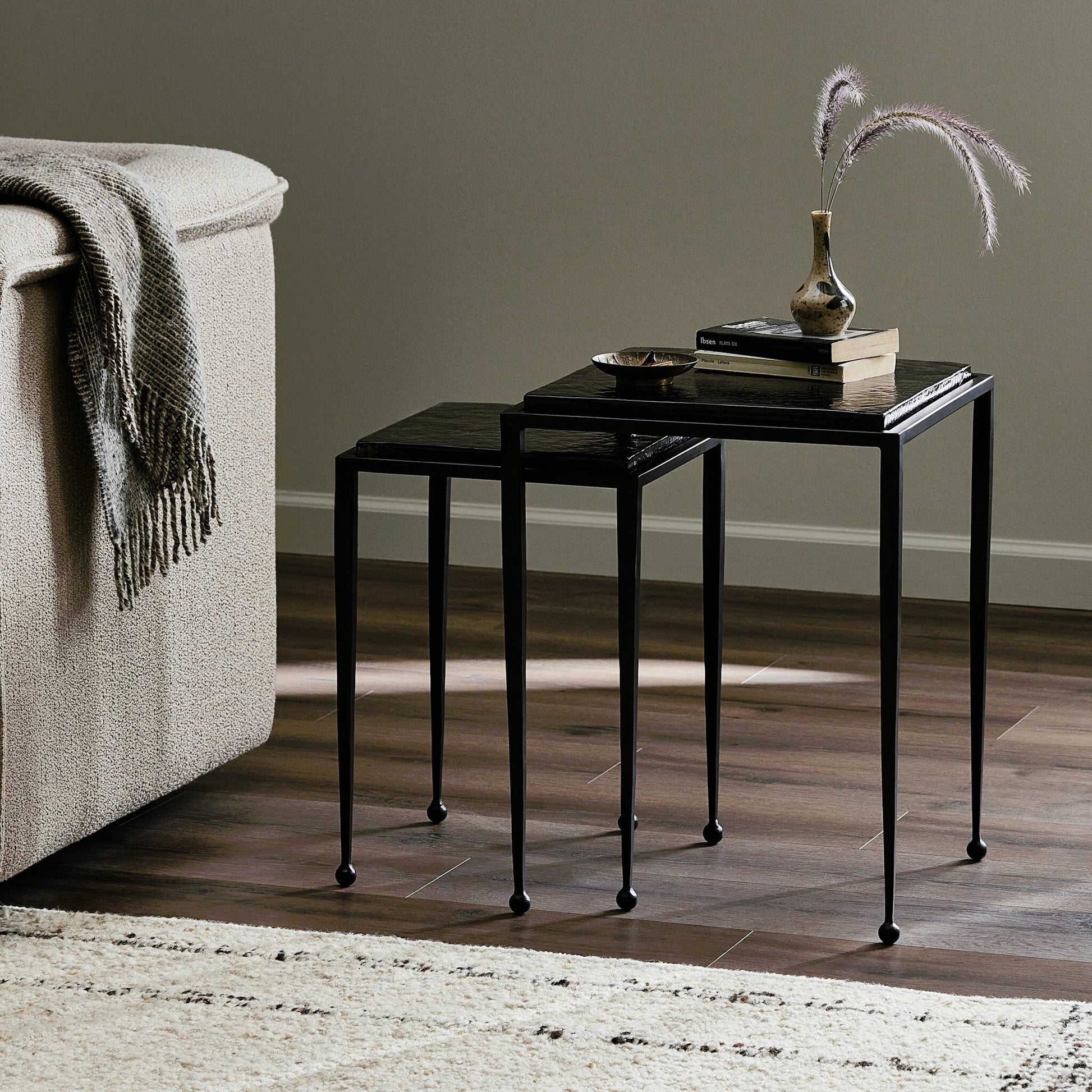 Dalston Cast Glass Nesting Tables by Four Hands in smoked black cast glass, iron matte black. Made from cast glass, iron in a modern style.