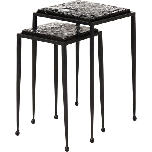 Dalston Cast Glass Nesting Tables by Four Hands in smoked black cast glass, iron matte black. Made from cast glass, iron in a modern style.