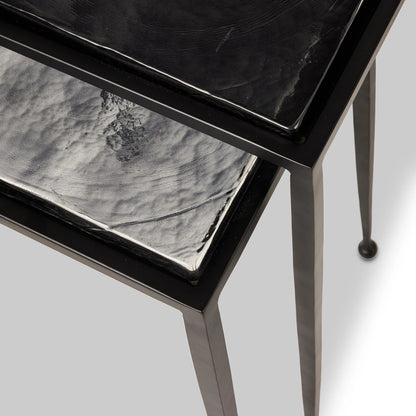 Dalston Cast Glass Nesting Tables by Four Hands in smoked black cast glass, iron matte black. Made from cast glass, iron in a modern style.