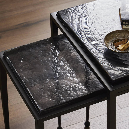 Dalston Cast Glass Nesting Tables by Four Hands in smoked black cast glass, iron matte black. Made from cast glass, iron in a modern style.