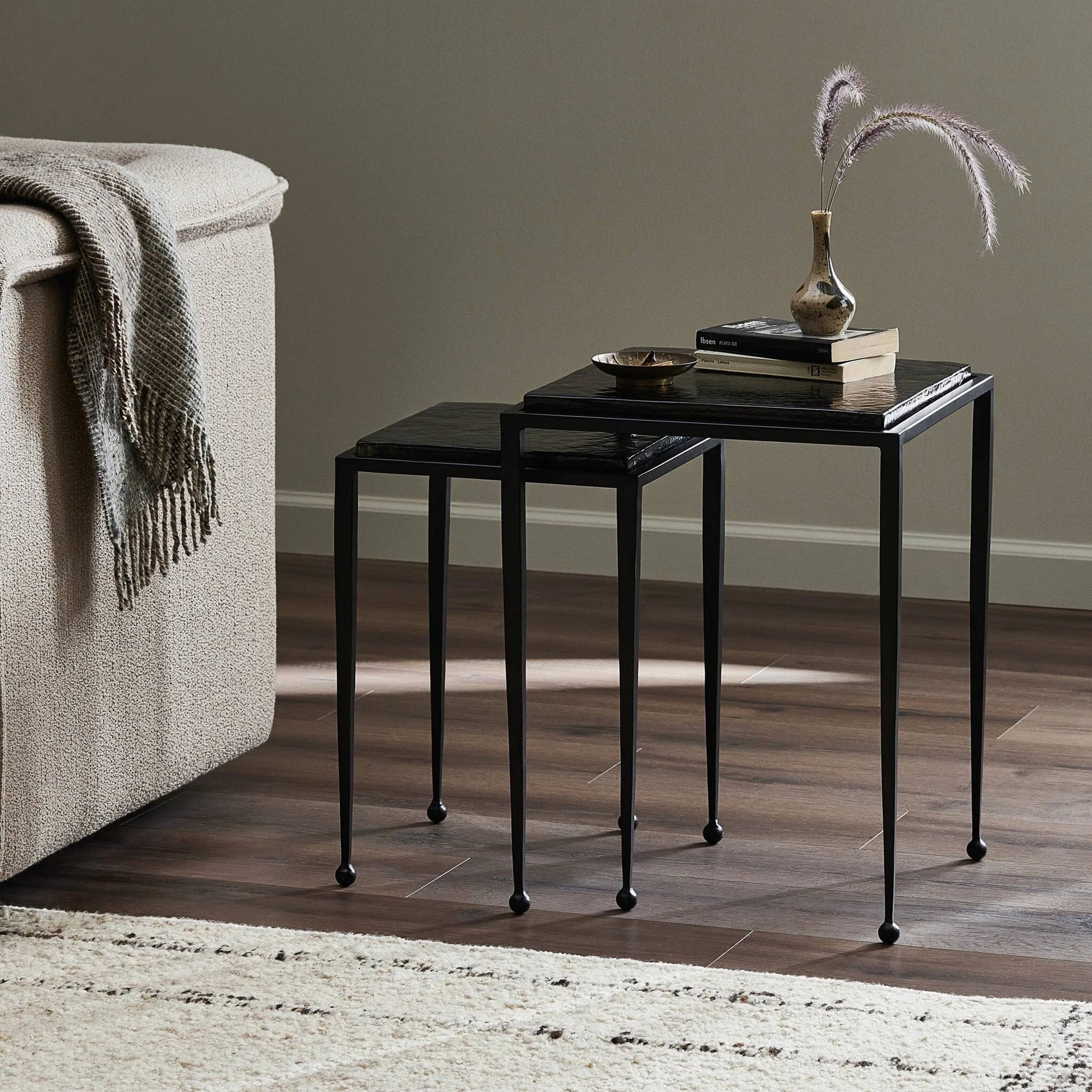 Dalston Cast Glass Nesting Tables by Four Hands in smoked black cast glass, iron matte black. Made from cast glass, iron in a modern style.