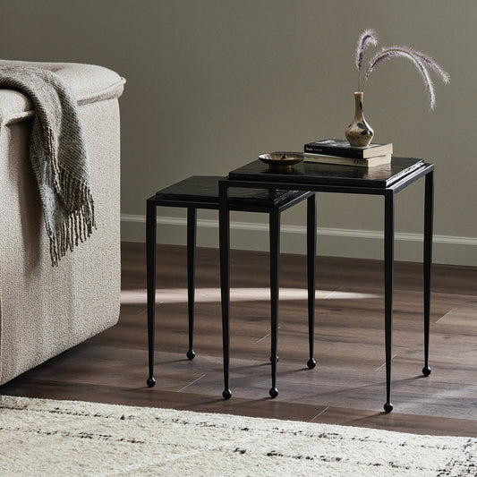 Dalston Cast Glass Nesting Tables by Four Hands in smoked black cast glass, iron matte black. Made from cast glass, iron in a modern style.
