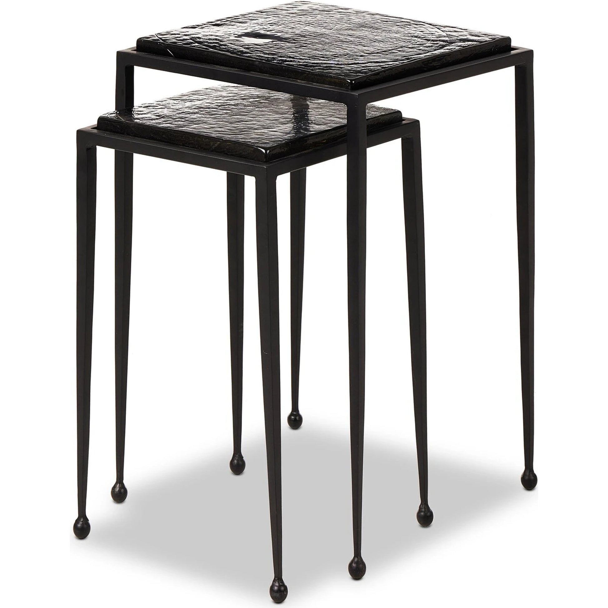 Dalston Cast Glass Nesting Tables by Four Hands in smoked black cast glass, iron matte black. Made from cast glass, iron in a modern style.