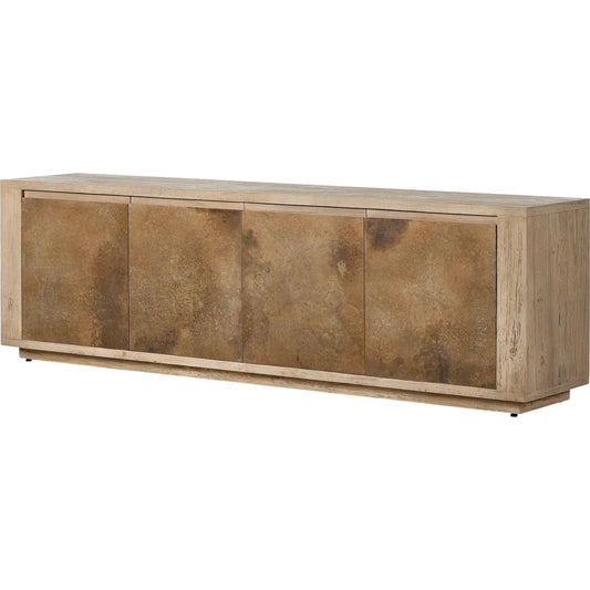 Redondo Media Console by Four Hands in bleached alder, oxidized aluminum. Made from resawn alder, aluminum in a modern style.