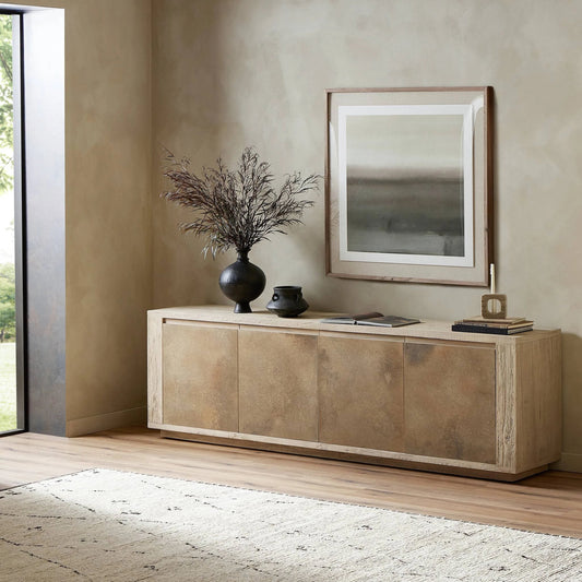 Redondo Media Console by Four Hands in bleached alder, oxidized aluminum. Made from resawn alder, aluminum in a modern style.