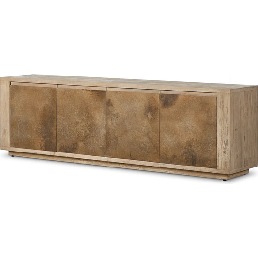 Redondo Media Console by Four Hands in bleached alder, oxidized aluminum. Made from resawn alder, aluminum in a modern style.