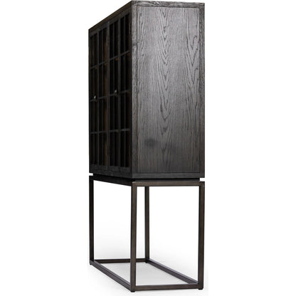 Palmer Cabinet by Four Hands in aged black, sandy oak. Made from iron, oak veneer, solid oak in a modern style.