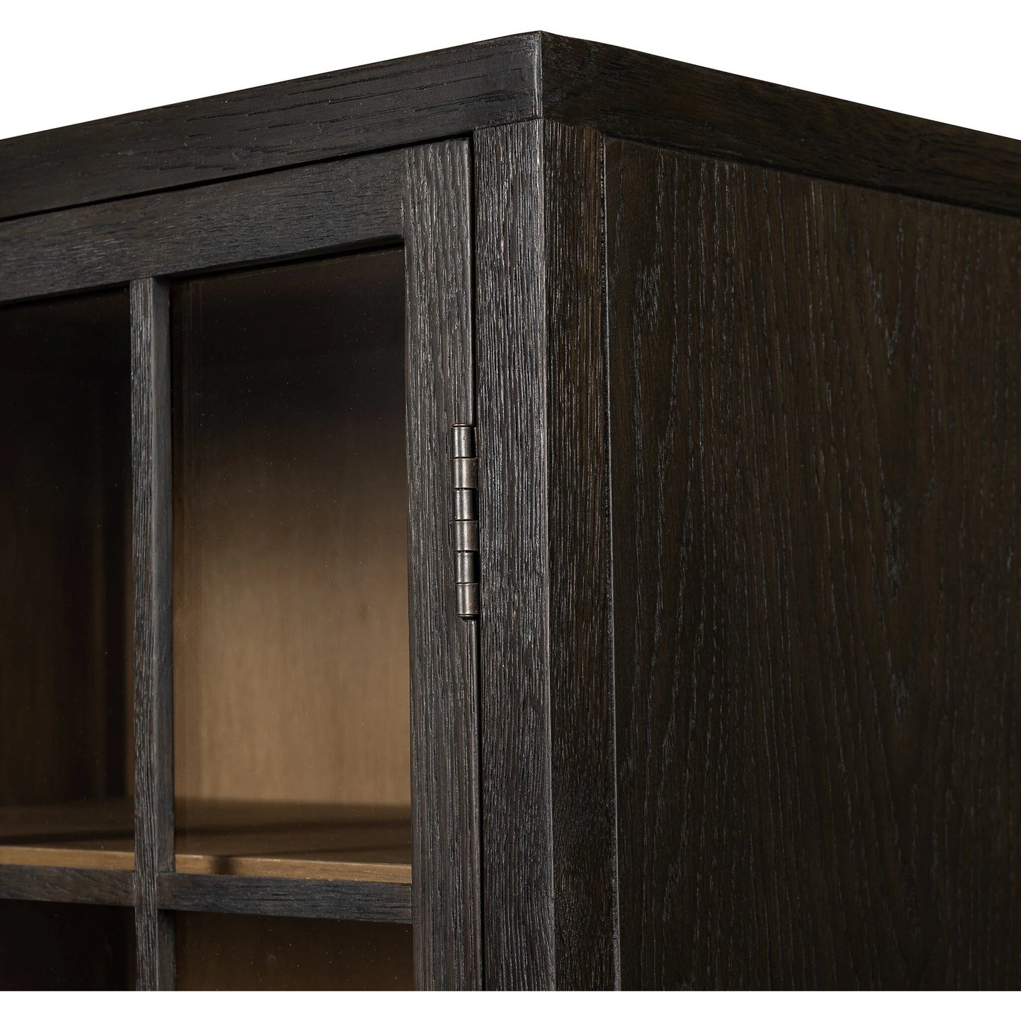 012 SI-2137549 | Closeup | Palmer Cabinet by Four Hands in aged black, sandy oak. Made from iron, oak veneer, solid oak in a modern style.