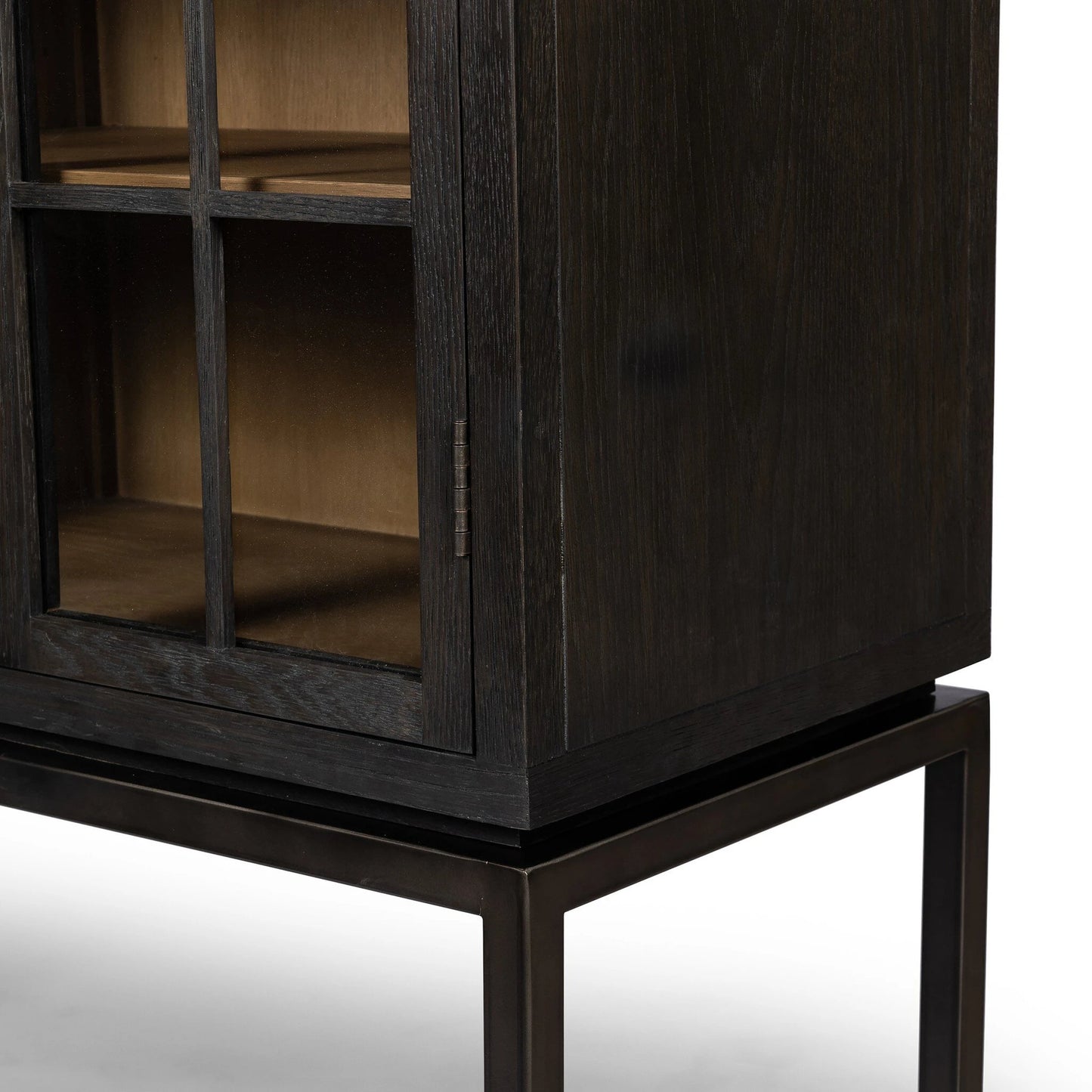 013 SI-2137549 | Closeup | Palmer Cabinet by Four Hands in aged black, sandy oak. Made from iron, oak veneer, solid oak in a modern style.