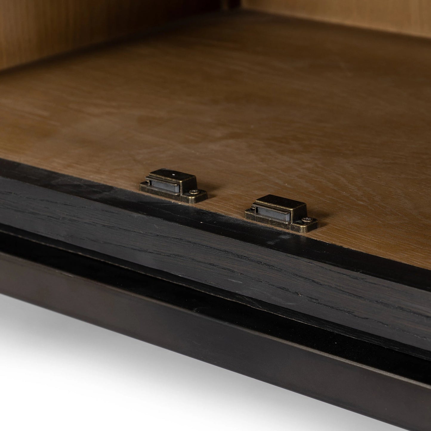 016 SI-2137549 | Closeup | Palmer Cabinet by Four Hands in aged black, sandy oak. Made from iron, oak veneer, solid oak in a modern style.