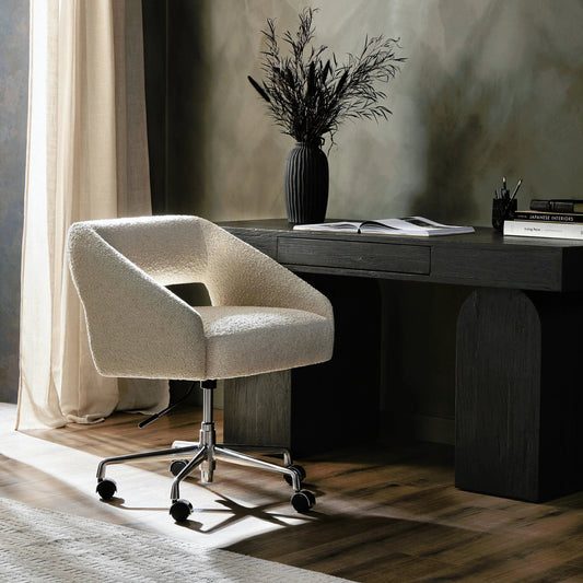 Anne Desk Chair by Four Hands in lisbon cream, polished aluminum. Made from 73% polyester, 19% acrylic, 8% flax/linen, aluminum, 100% polyester in a modern style.