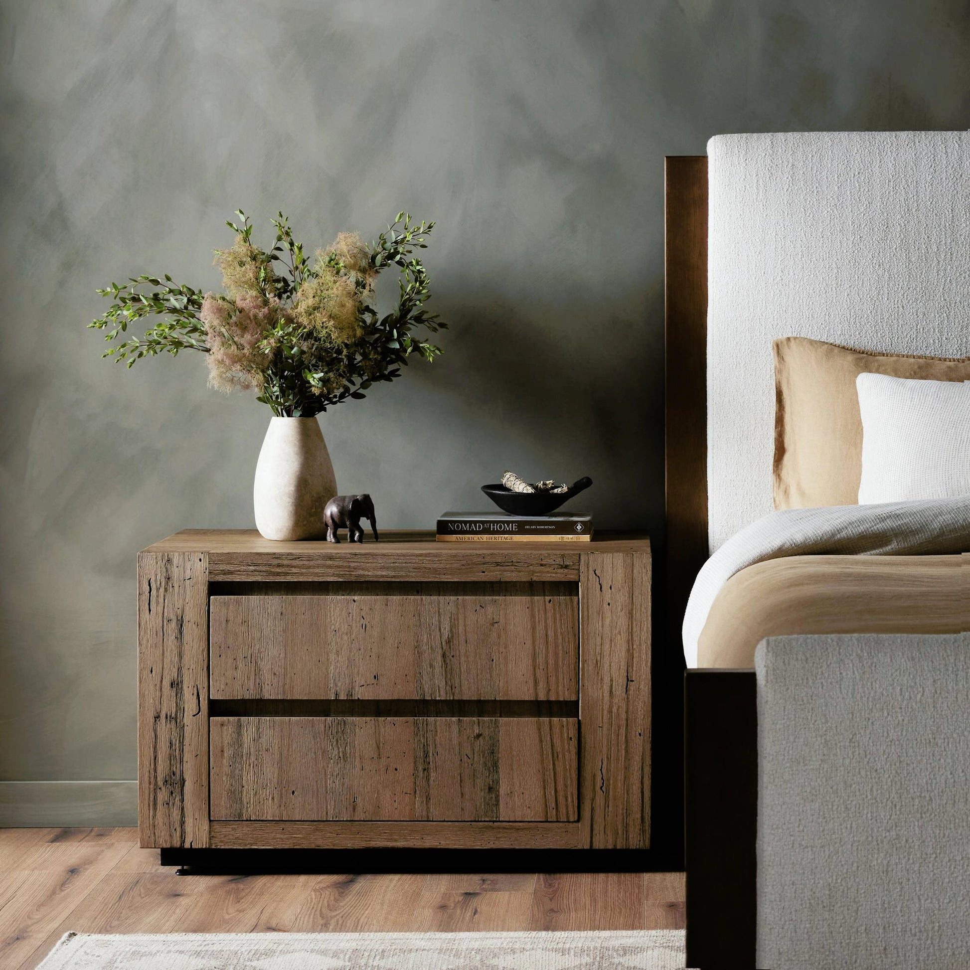Abaso Nightstand by Four Hands. Made from thick oak veneer, engineered hardwood in a modern style.