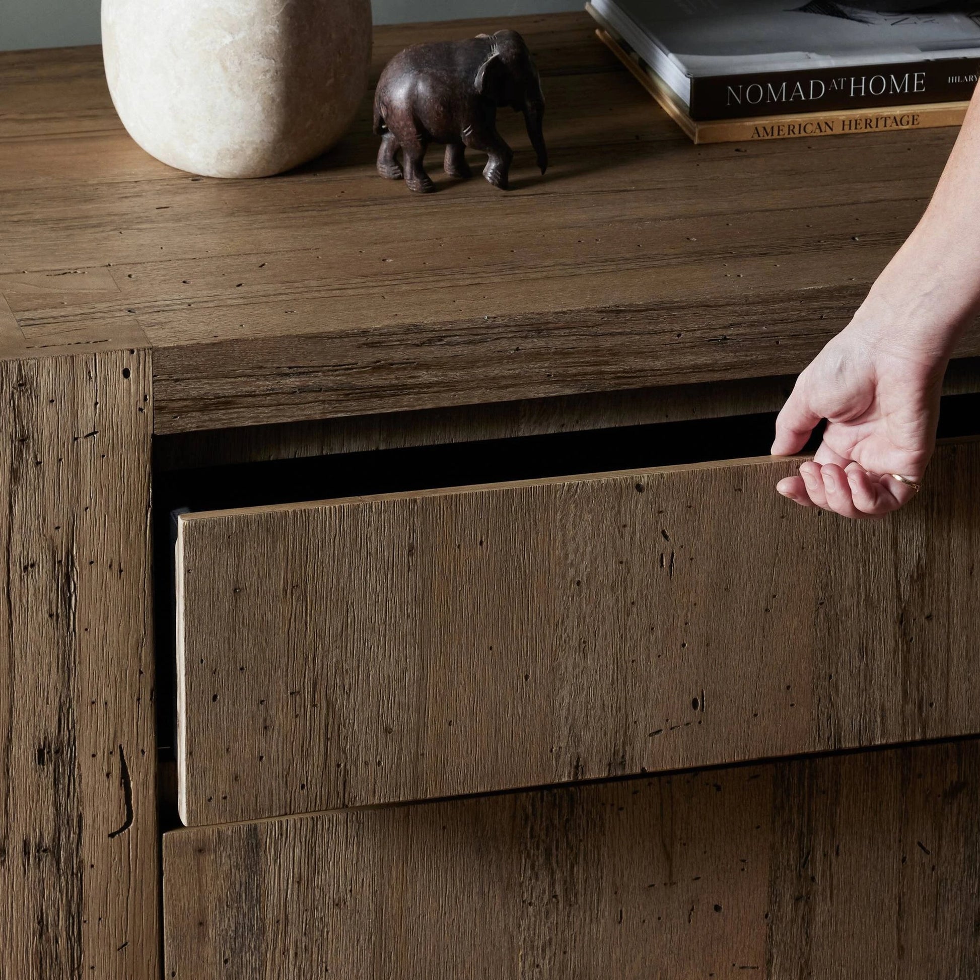 Abaso Nightstand by Four Hands. Made from thick oak veneer, engineered hardwood in a modern style.