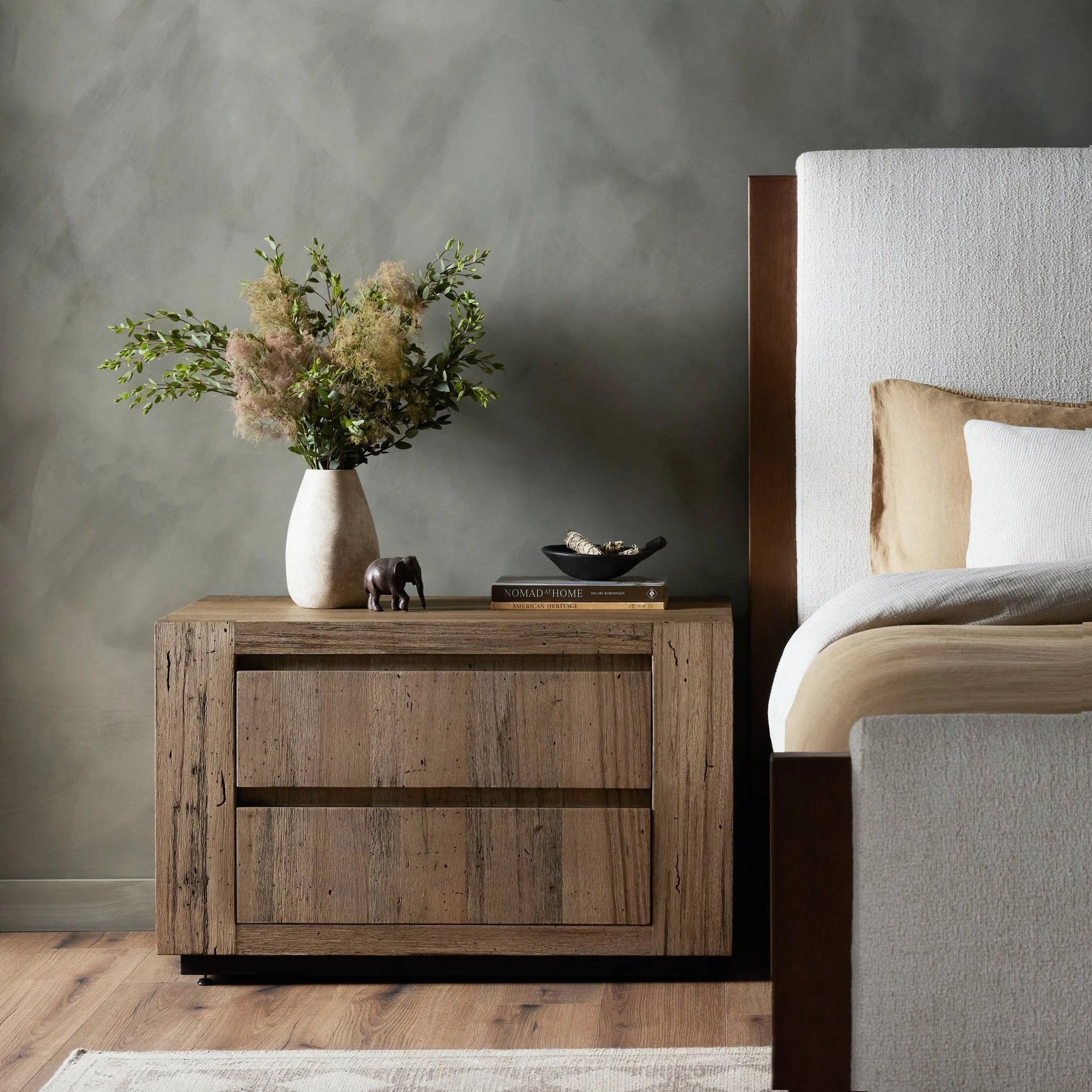 Abaso Nightstand by Four Hands. Made from thick oak veneer, engineered hardwood in a modern style.