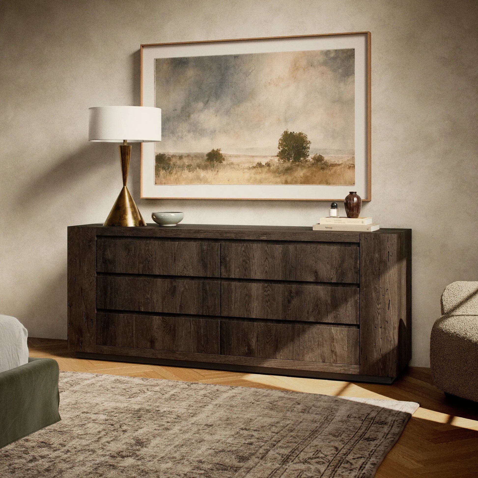 Abaso 6-Drawer Dresser by Four Hands. Made from thick oak veneer in a transitional style.