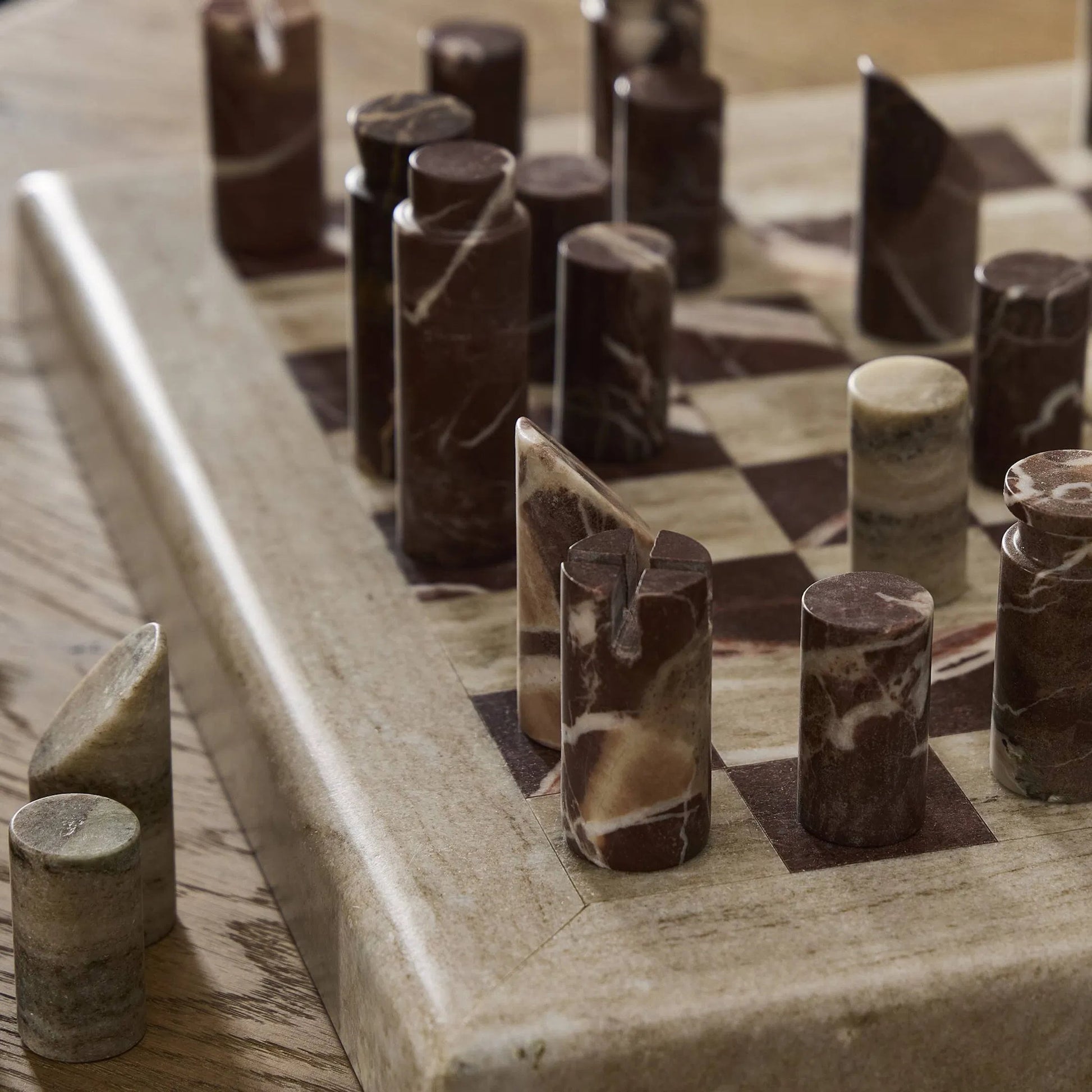 Stone Chess Set by Four Hands in antique white marble, merlot marble. Made from solid marble in a unique style.
