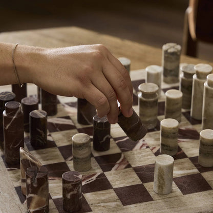 Stone Chess Set by Four Hands in antique white marble, merlot marble. Made from solid marble in a unique style.
