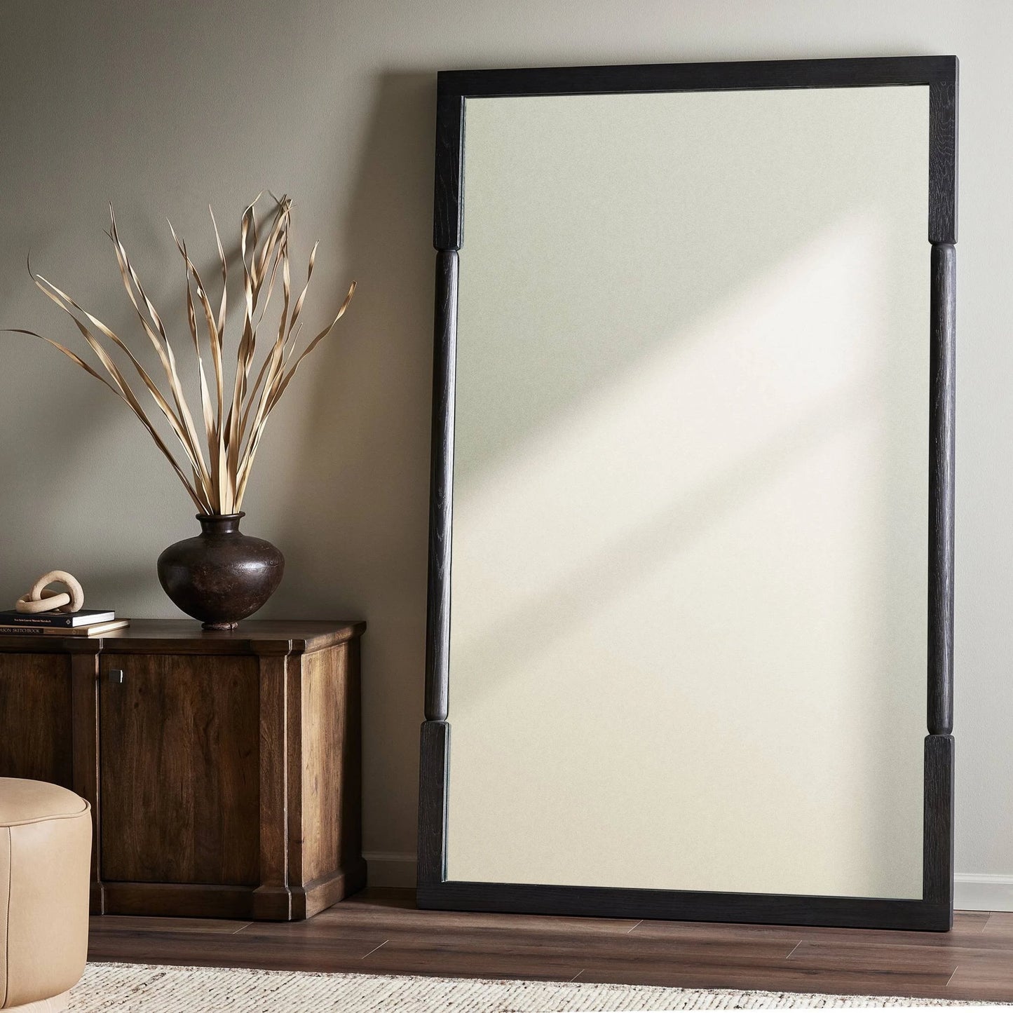 008 SI-2137285 | Lifestyle | Concord Floor Mirror by Four Hands in charcoal oak. Made from solid oak, mirror, poplar eucalyptus plywood in a modern style.