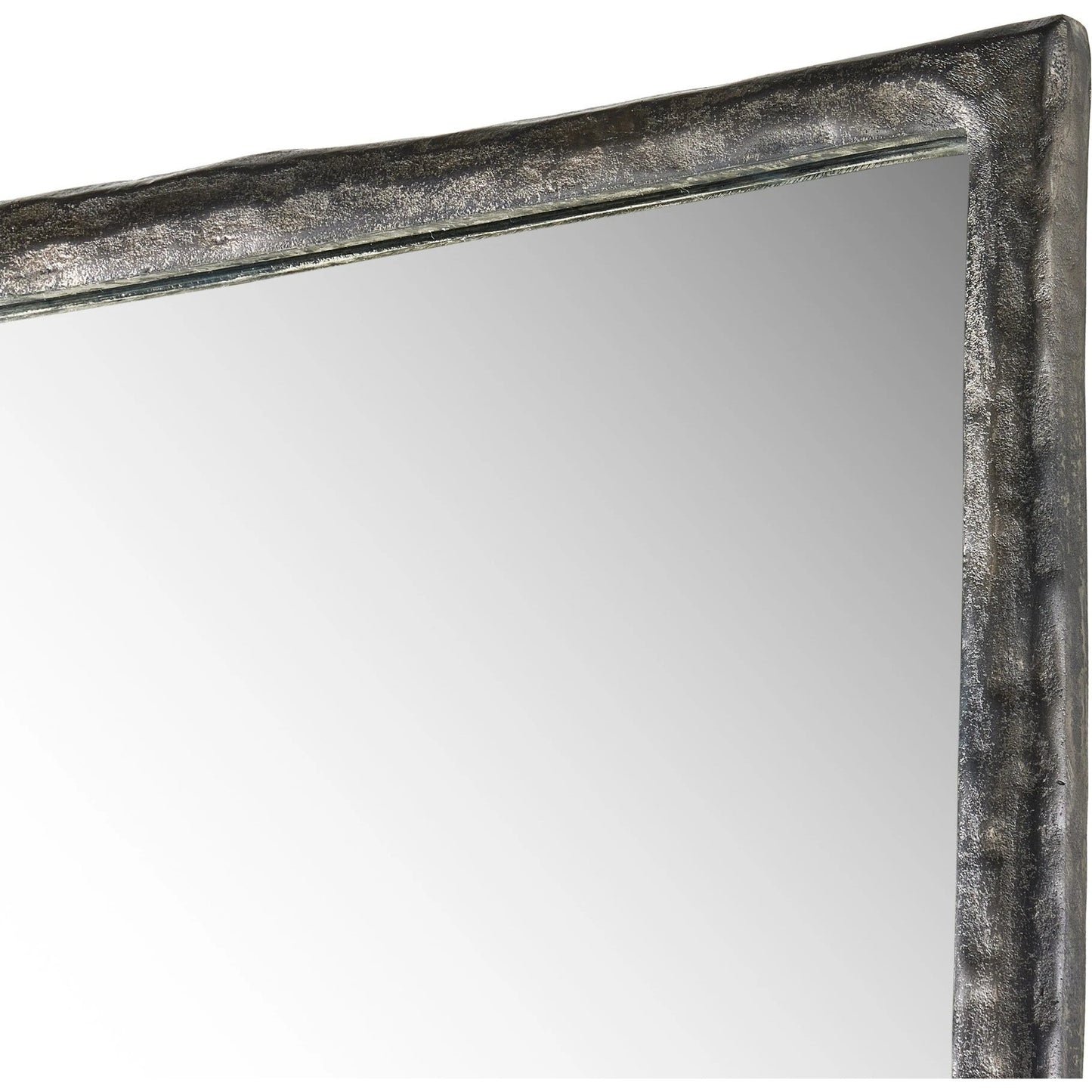 005 SI-2137435 | Closeup | Langford Floor Mirror by Four Hands in smoked nickel. Made from aluminum, mirror, engineered hardwood in a transitional style.