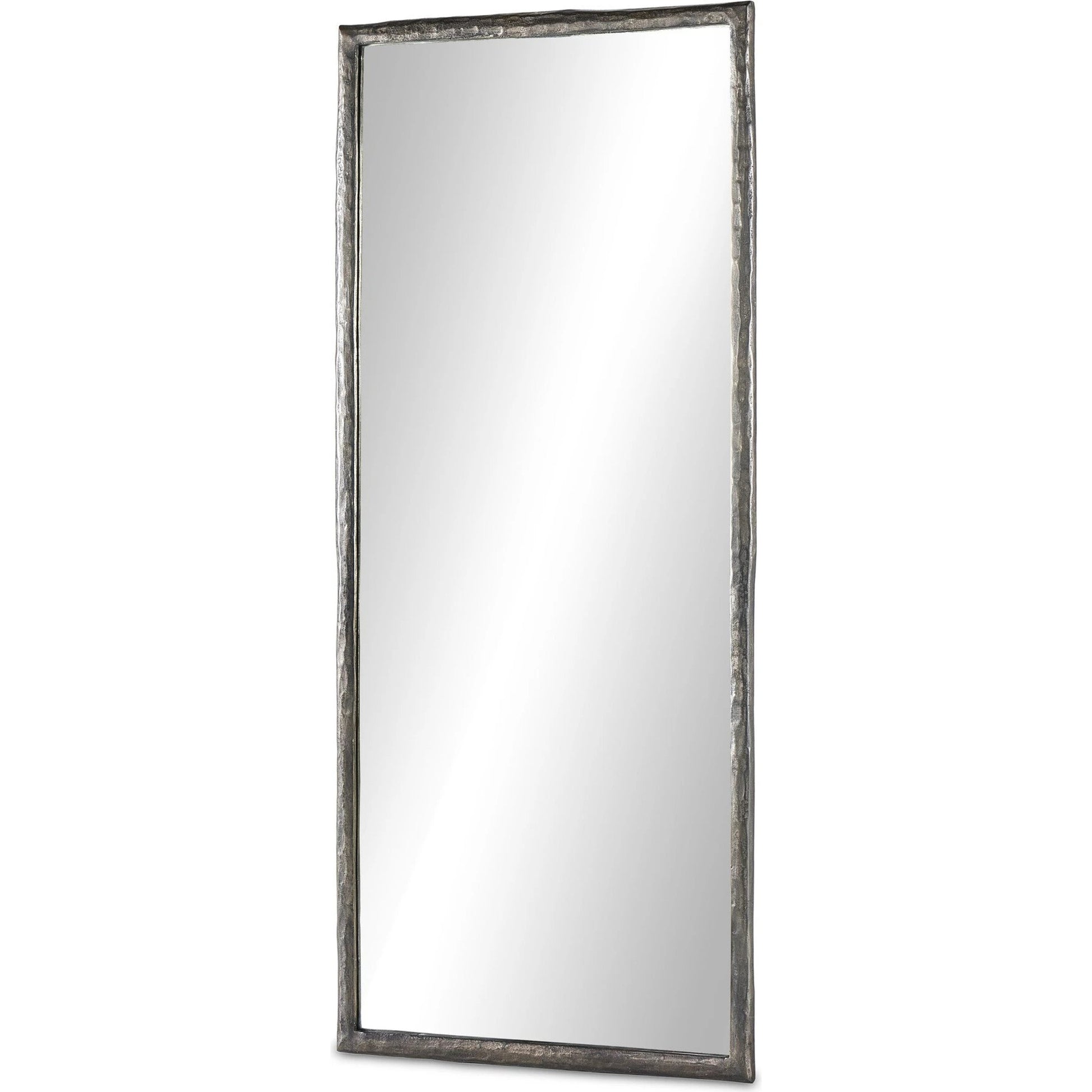 Langford Floor Mirror by Four Hands in smoked nickel. Made from aluminum, mirror, engineered hardwood in a transitional style.