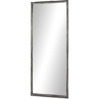 Langford Floor Mirror by Four Hands in smoked nickel. Made from aluminum, mirror, engineered hardwood in a transitional style.