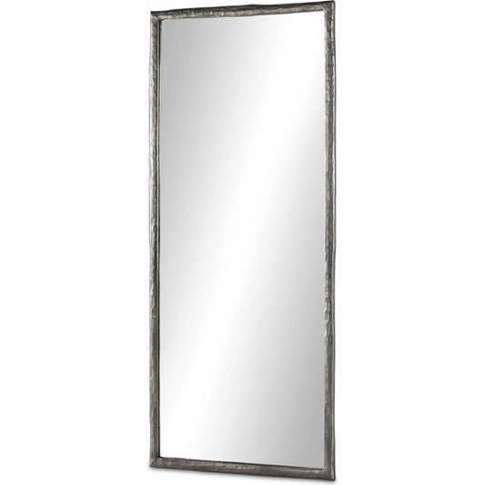 Langford Floor Mirror by Four Hands in smoked nickel. Made from aluminum, mirror, engineered hardwood in a transitional style.