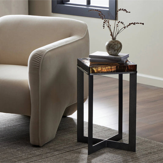 Lennie Cast Glass End Table by Four Hands in amber, burnished charcoal. Made from cast glass, iron in a modern style.