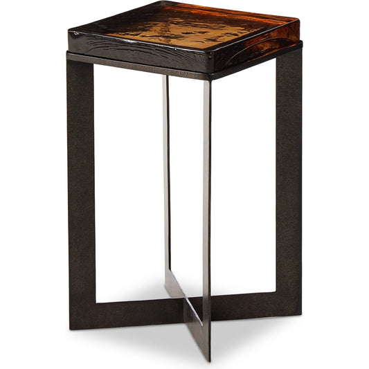 Lennie Cast Glass End Table by Four Hands in amber, burnished charcoal. Made from cast glass, iron in a modern style.