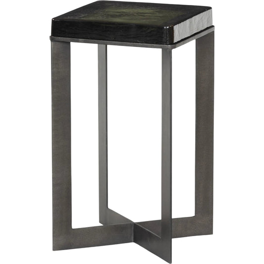 Lennie Cast Glass End Table by Four Hands in amber, burnished charcoal. Made from cast glass, iron in a modern style.