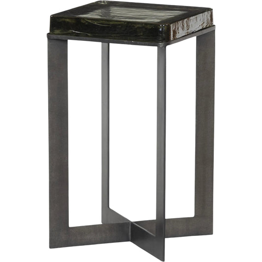 Lennie Cast Glass End Table by Four Hands in amber, burnished charcoal. Made from cast glass, iron in a modern style.