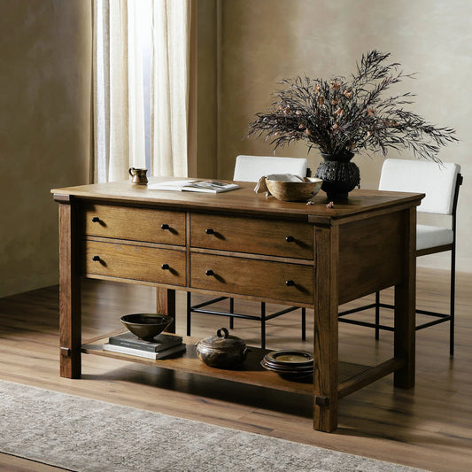 Gardendale Kitchen Island by Four Hands in tan oak veneer. Made from oak veneer, iron in a modern style.